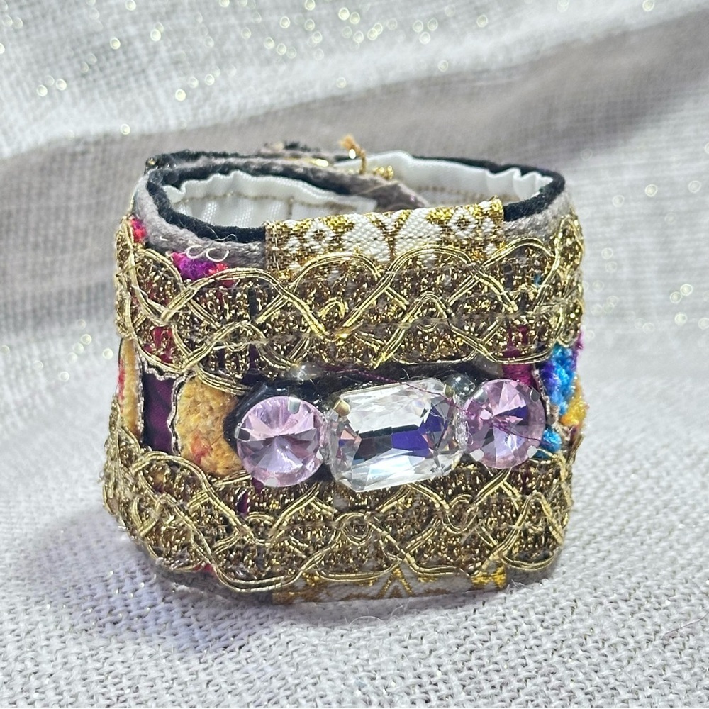 RUBYRUDI Cuff Bracelet Handcrafted OOAK Fabric Embellished Artisan Wearable Art